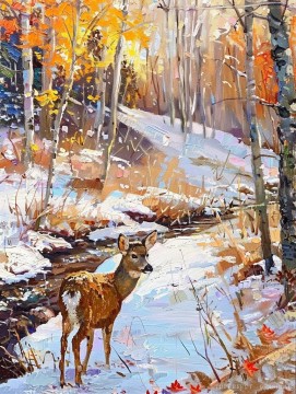 Landscapes Painting - Original deer art winter oil painting forest art trees